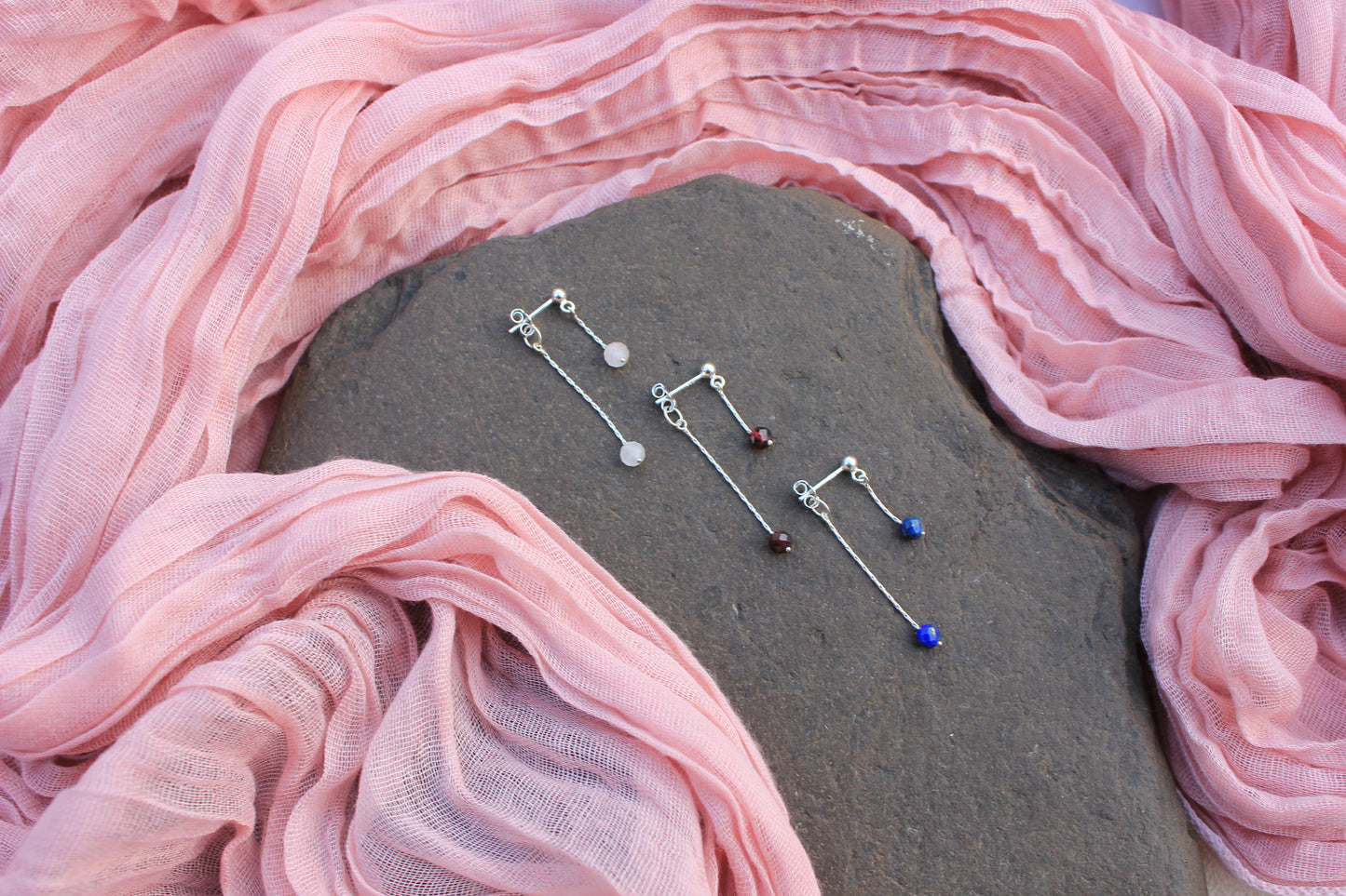 Hanging Garnet Bead and Silver Earrings