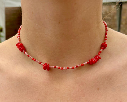 Pink and red murano glass bead choker