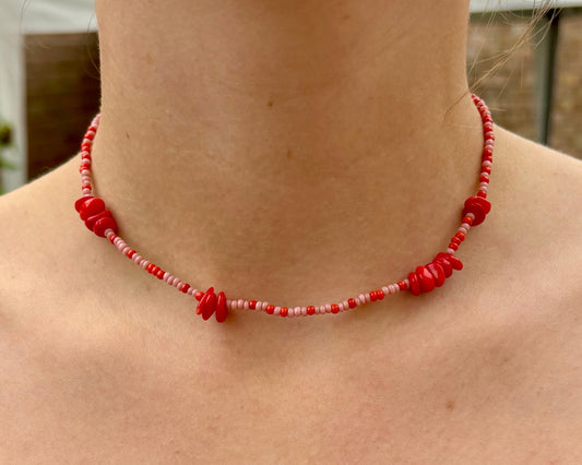 Pink and red murano glass bead choker