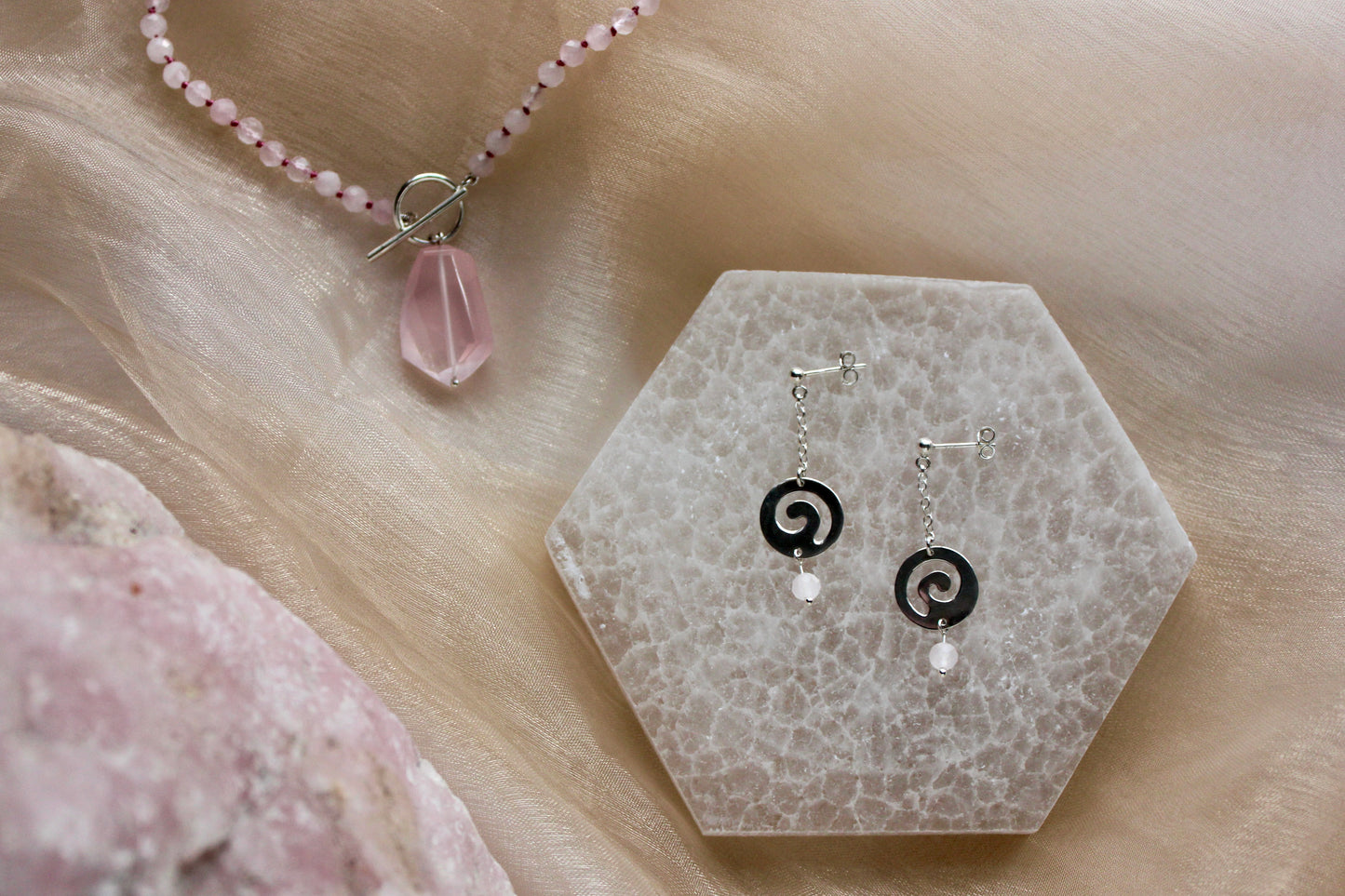 Hanging Swirl Stud with Rose Quartz