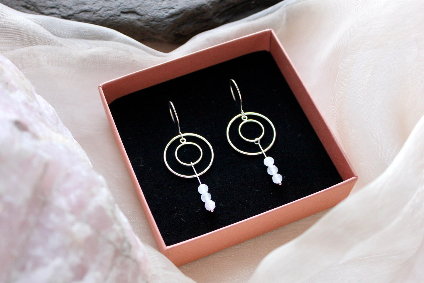 Hanging Circle Earrings with Rose Quartz